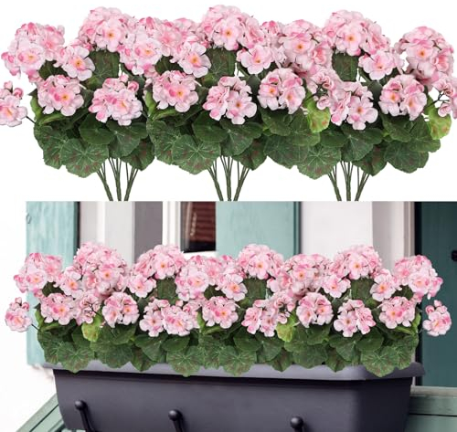 Weldomcor Künstliche Blumen, 3 Bündel im Freien und Innen Gefälschte Geranie, Seide Blumen Dekoration Faux UV-beständige Geranienbusch für Hängende Garten Veranda Fenster Box Dekor, Hellrosa
