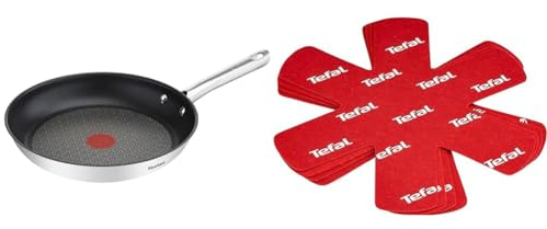 Tefal Poêle 32 cm, Induction, Revêtement antiadhésif, Acier inoxydable 18/10, Garantie 10 ans, Base 3 couches, Cuisson saine & Set de 4 Protectors, Plastique, Rouge, 38 x 36 x 1 cm