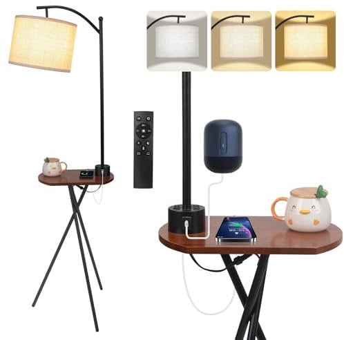 lianheng Floor Lamp with Table and Charger, Modern Tripod Floor Lamp with Shelves, Dimmable LED Floor Lamp with Remote Control for Living Room, Bedroom