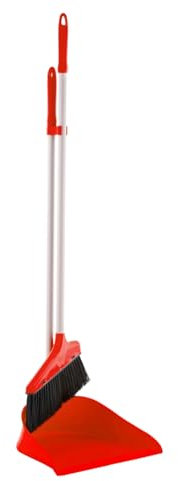 HOMESHOPA Premium Red Standing Dustpan & Brush Set, Long Handled Upright Large Dustpan and Soft Broom, Household Cleaning Sweeping Brush for Indoor Outdoor Home Kitchen Office Lobby