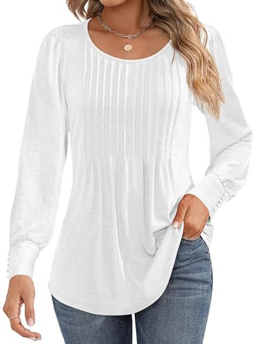 Cuptacc 2025 Longshirt Damen Rundhals Langarm Mit Button Bluse Damen Elegant Plissee Puff Sleeve Top Weiß XL 46-48