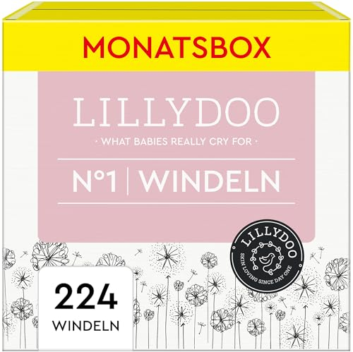 LILLYDOO hautfreundliche Baby Windeln - Größe 1 (2-5 kg),Monatsbox (224 Stück), Sicherer Auslaufschutz, Weich, Ohne Parfüme & Lotionen für empfindliche Haut, Dermatologisch getestet