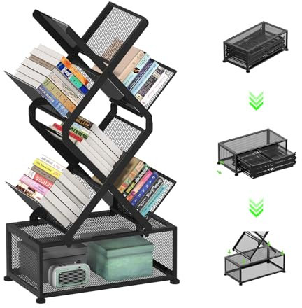 Gintan 6-Tier Bookshelf with Storage, Bedroom Shelves Folding Bookshelves, No Installation Required Shelf Tree Bookcase for Living Room, Study, Home Office, Bed Room (Black)