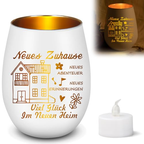 Einzugsgeschenke Wohnung Windlicht aus Glas mit Led Kerzen, Personalisiertes Teelichthalter mit Gravur, Geschenk zum Einzug ins Haus, Geschenke für Richtfest für Beste Freundin Kollegen (fzE)