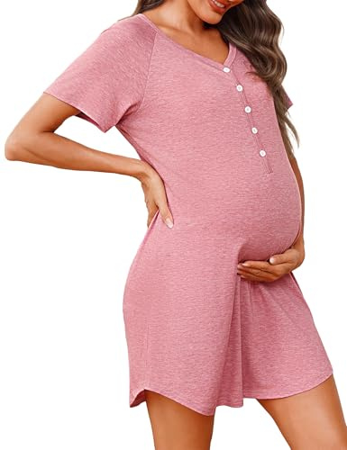 Uniexcosm Women's Maternity Nightdress Button Breastfeeding Nightwear Soft Nursing Nightgown for Pregnancy Short Sleeve Maternity Pyjamas Loungewear