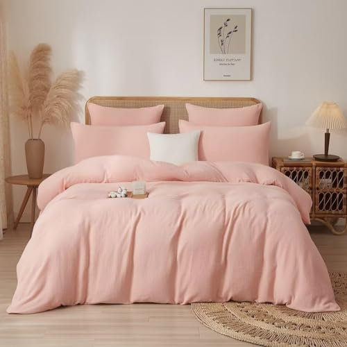 Luowei Muselin Bettwäsche 135x200 cm Rosa 100% Baumwolle Mädchen Bettwäsche Set Ästhetik Bequem Doppelte Bettbezug für Allergie Schwitzen mit Reißverschluss und 1 kopfkissenbezug 80x80