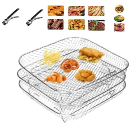 Frytter 3er Set Stapelbare Körbe Für Airfryer + 2 Zangen GRATIS - Air Fryer Rack, Heißluftfritteuse Grillrost Dehydrate (Quadrat(20 * 20 * 9cm))