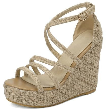 Sandali con Zeppa in Corda Intrecciata alla Moda per Donna, con Plateau, Punta Aperta, Zeppa, Tacchi Alti, Cinturino Incrociato, Fibbia, Eleganti e comode Scarpe,Beige,36 EU