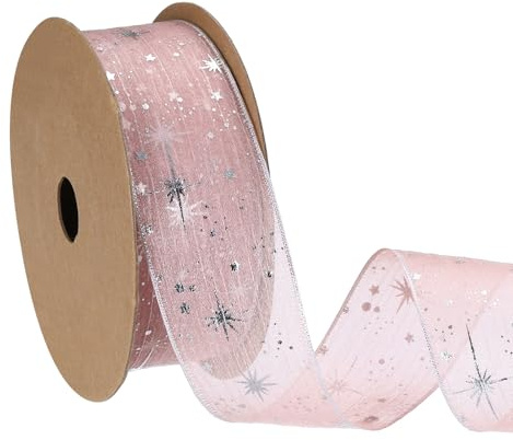 PATIKIL Organza Star Ribbon Wired, 1.6 Inch Wide 20 Yards Christmas Tree Print Sheer Glitter Ribbon for Gift Wrapping Garland Bouquet Ornaments Party Decorations, Pink