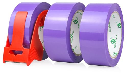 BOMEI PACK Ruban d’emballage 66m x 48mm pour emballage -3 rouleaux avec dévidoir,impression adhésif fort pour colis, entrepôt, e-commerce (Violet)