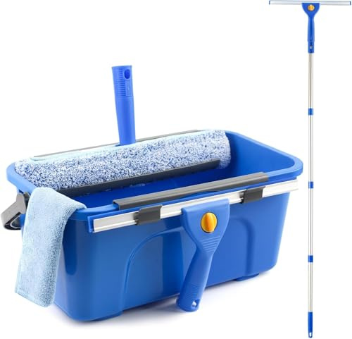 PIMEKOY Professional Window Cleaning Kit with 12L Bucket for Home, Outdoor | Window Squeegee & Scrubber, 155cm Long Handle Window Cleaning Equipment, High Window Washing Kit, Cleaner Tool for Commercial