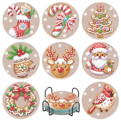 8 Pièces Peinture Diamant Dessous de Verre, Diamond Painting Noel Dessous de Verre avec Support, DIY Diamant Painting Kit de Noël, pour Tasses, Vases et Cuisine à la Maison, Cadeaux
