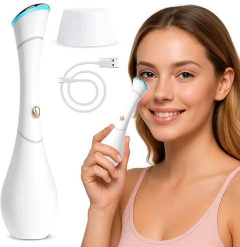 Masajeador de Ojos 4 en 1 con Calor, Vibración, Luz Roja y Azul, Función Iónica Galvánica, Masajeador Facial Eléctrico Recargable USB-C para Cuidado Facial