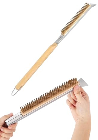 Brosse pour four à pizza, brosse à pierre à pizza avec grattoir, brosse de barbecue avec poignée en bois, accessoire à pizza, longue poignée, brosse de nettoyage pour four à pizza et pierre à pizza