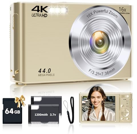 Digital Camera, FHD 4K 44MP Digital Camera Autofocus with 64GB SD Card 16X Digital Zoom, Gold Cameras for Photography Portable Compact Point and Shoot Camera for Teens Adult Kids Gift