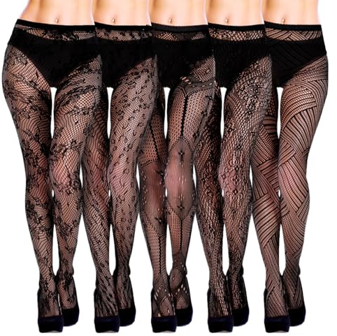 Zuimei 5 Pairs Lace tights Black Patterned Tights for Women | Gothic Fishnet Tights Lightweight Stretchy for Daily Party Club Cosplay