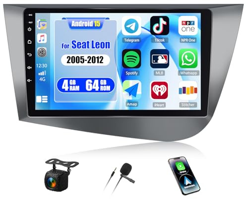 CAMECHO 4+64G Android 15 Autoradio für Seat Leon 2005-2012, 9 Zoll Navi Radio mit GPS WiFi Wireless Carplay Android Auto FM RDS 32EQ Mirror Link, HD Touchscreen Display +Rückfahrkamera
