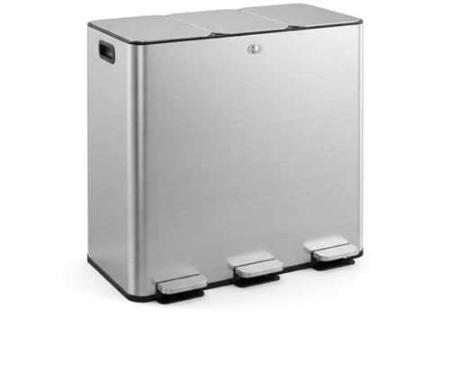 Crevyteg Tri facile des déchets – Poubelle de cuisine à pédale 60L 3 compartiments – Inox anti-traces – Fermeture douce – Idéale maison, bureau, restaurant – Capacité : 3×20L