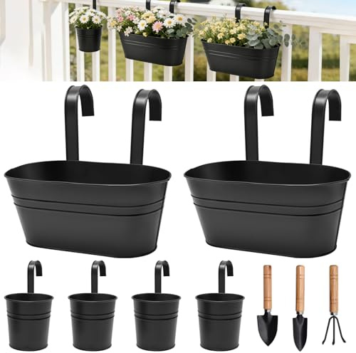 YTACREA 6PCS Pots de Fleurs Suspendus avec 3 Outils de Jardinage, Jardiniere Suspendue avec Trou de Drainage et Crochets Amovibles, Résistantes à la Rouille, Pots pour Balcon, Balustrade, Clôture