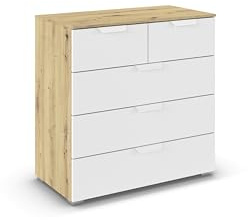 Rauch Möbel ADITIO, Kommode, Farbe Weiß/Eiche Artisan, Breite 80 cm | Sideboard im zeitlosen Stil, 5 Schubladen, Soft-Close-Funktion, für Schlafzimmer, Gästezimmer, Wohnzimmer, Garderobe, Flur