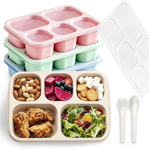 4 Pack Snack Box with Compartments, 5 Compartment Meal Prep Containers | Reusable Bento Snack Boxes, Lunch Box with Spoon Fork, Food Storage Containers with Transparent Lids, Travel Snack Box