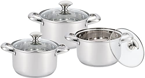 Royal Cuisine Stainless Steel Pots and Pans Set Cookware with Glass Lids Induction Hob Pot Set Cooking Saucepan Pots Casserole Dishes 3 Piece Stock Pot Set 24cm (6.5L) 26cm (8L) 28cm (10L)