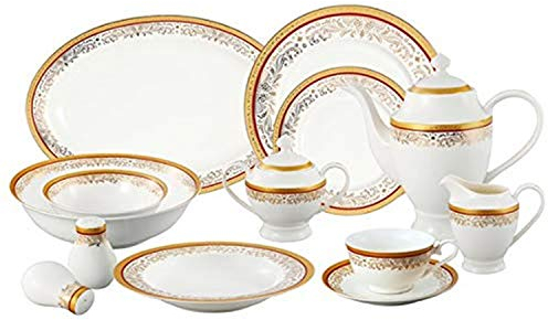 Lorren Home tendances la Luna Collection Porcelaine anglaise 57-piece Rouge et or 24 K Motif de table, Service pour 8