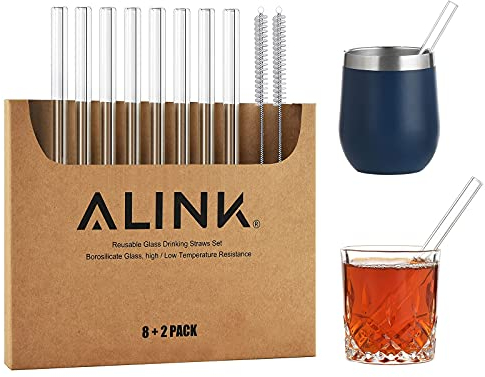 Alink Glass Straws Straight Blue 9 in x 9 mm Set of 2 Straw With Cleaning Brush by ALINK