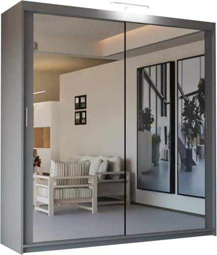 SLIDING WARDROBE 4U Mirror Sliding 2 or 3 Door Wardrobe with LED Light 90cm/120cm/150cm/180cm/203cm/250cm White-Black-Grey-Walnut-Wenge-Oak (Grey, 90cm)
