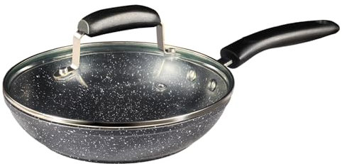 28cm Frying Pan with Glass Lid – Triple-Layer PFOA Free - Granite Marble Coated Non-Stick Pan – Cool Touch Soft Grip Handle – Suitable for Induction, Gas, Electric & Ceramic Hobs (28 cm Granite)
