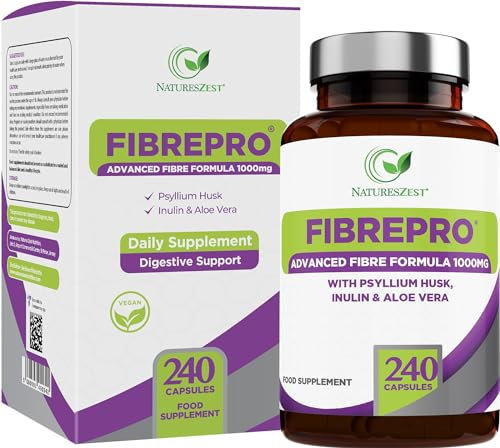 NATURES ZEST FibrePro 1000mg - Fibre Supplement -240 Psyllium Husk Capsules - Enriched with Prebiotic Inulin, Aloe Vera & Flaxseed – UK Made - 4 Month Supply