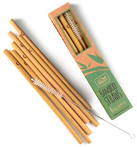 GET FRESH Reusable Bamboo Drinking Straws Set – 6-Pack Natural Straws for Kids and Adults – BPA-Free Durable Non-Plastic Original Bamboo Drinking Straws