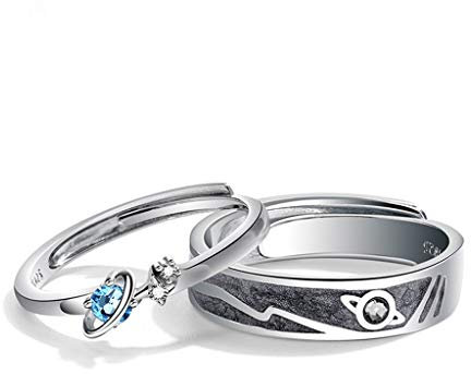 unknowns 2Pc Trendy Saturn Planet Und Stars Universe - 925 Sterling Silber Liebhaber Ring Matching Set, Paar Ringe (Sea Blue)