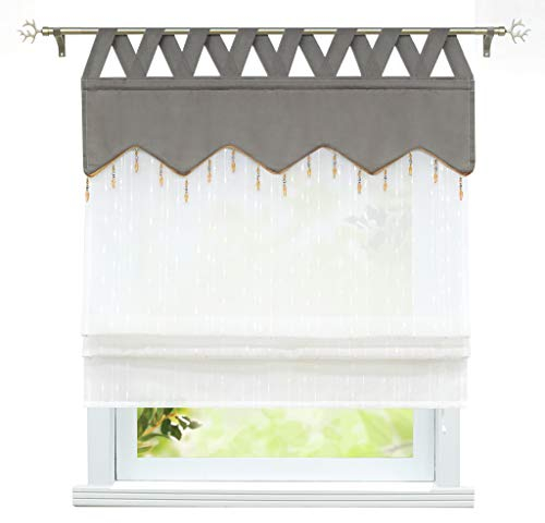 ESLIR Raffrollo mit Schlaufen Raffgardinen Transparent Küche Gardinen Landhausstil Schlaufenrollo Leinen Grau BxH 100x140cm 1 Stück