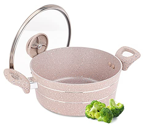 Royalford Casserole Dish with Glass Lid | Cooking pot, Induction Stockpot Saucepan with Non-Stick Granite Coating | Aluminium Build with 3.8MM Induction Bottom & Cool Touch Handles | Beige (30 CM)