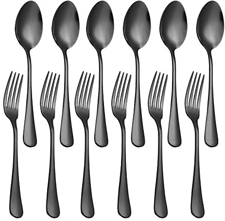 Besteck-Set für 12, schwarze Tafelgabeln (20,3 cm) und robuste Löffel (17,5 cm), modernes schwarzes Besteck-Set, Edelstahl-Besteck-Set, spiegelnd, spülmaschinenfest