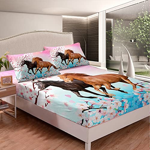 Kinder-Bettwäsche-Set mit Pferdemotiv, schickes Kirschblüten-Bettwäsche-Set für Mädchen, Teenager, galoppierendes Pferd, bedrucktes Spannbetttuch, 3D-Wildtier-Bettbezug, Schlafzimmer-Dekor, 3-teilig,