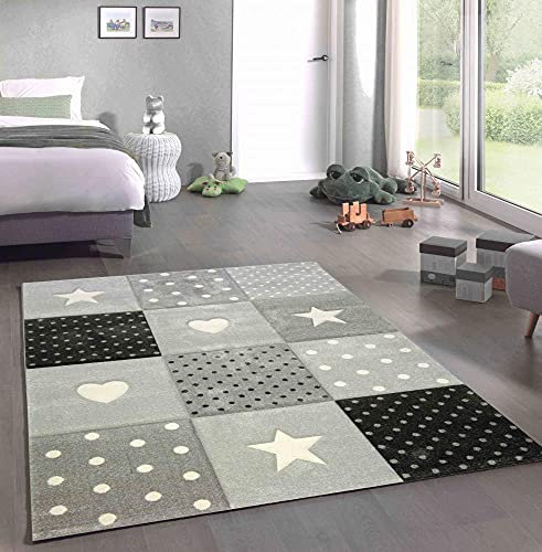 CARPETIA Kinderteppich Kinderzimmer Spiel Teppich Punkte Herz Stern Design Creme schwarz grau Größe 140x200 cm