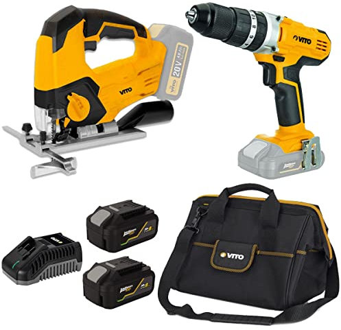 VITO - Pack 2 outils sans fil 20V Scie sauteuse Perceuse 2 batteries lithium 4Ah Chargeur Rapide Sacoche à outils