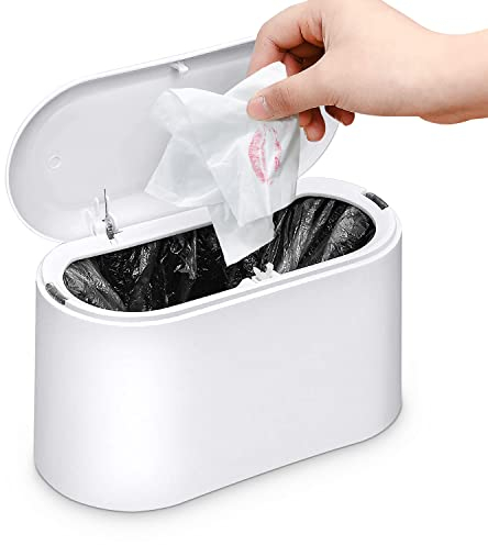 GOCUODE Petite Poubelle de Table avec Couvercle à Bouton-Poussoir pour Salle de Bain, Bureau, Chambre et Cuisine (Blanc)