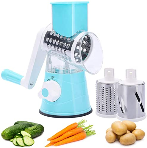 INF Cheese grater with crank, vegetable slicer with 3 stainless steel drum inserts, drum grater suitable for vegetables, fruit, nuts, etc. (blue)