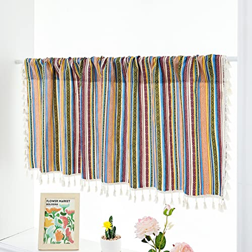 USbelff Bunter Scheibengardine Vorhang mit Quasten, Leinen Baumwolle Privatsphäre Küchenvorhang Fensterschal für Wohnzimmer Landhaus, Kurzstores Kurzgardinen Stangendurchzug Vorhänge, HxB 45x132cm