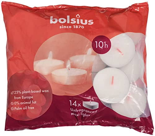 Bolsius Lot de 14 maxi bougies chauffe-plat - Longue durée de combustion de 10 heures - Décoration d'intérieur - Sans parfum - Sans fumée ni huile de palme - Cire naturelle végane - Blanc - XXL