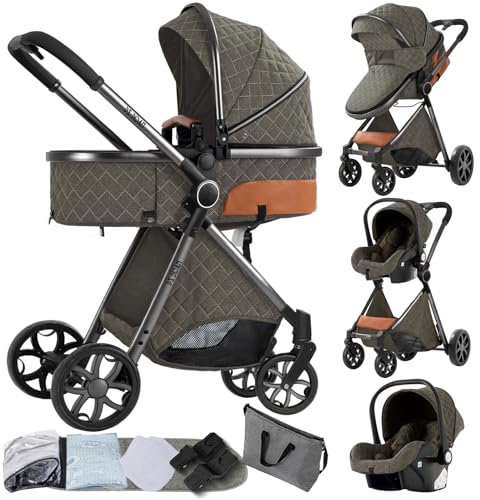 Prokoke Kinderwagen 3 in 1, Buggy mit Umkehrbarem Zwei-Wege-Schub, Kinderwagen mit Rahmen Aluminiumlegierung, Kombikinderwagen 3 in 1 mit Einem Klick Faltbar Baby Kleinkind Neugeborene (225 Deep Grey)