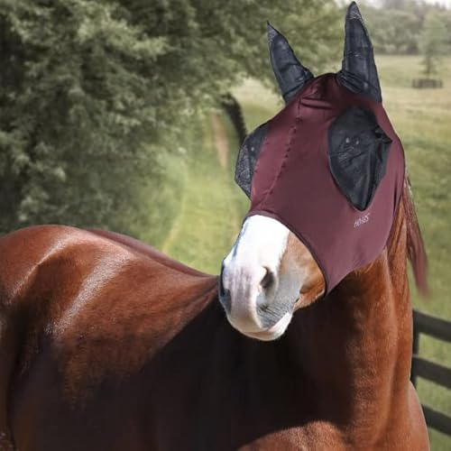 Horses, Fliegenmaske aus Lycra mit Netz Einsatz, Leichte und atmungsaktive Fliegenmaske, behindert Nicht das Sichtfeld des Pferdes, Augen- und Gehörschutz (Extra Full, Bordeaux)