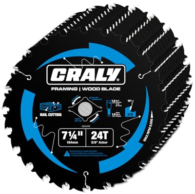 CRALY 7-1/4 Inch 24 Teeth Wood Cutting Framing Circular Saw Blade, 5/8 Inch Arbor, Carbide Tipped, Thin Kerf, Black Ice™, for Plywood, MDF, OSB, Laminated, 10-Pack(C0724FR-10)