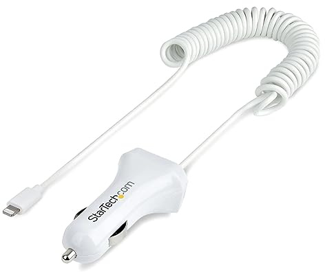 StarTech.com Lightning Car Charger with Coiled Cable, 1m Coiled Lightning Cable, 12W, White, 2 Port USB Car Charger Adapter for Phones and Tablets, Dual USB In Car iPhone Charger (USBLT2PCARW2)