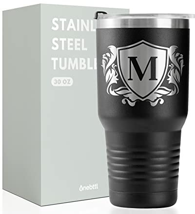 Onebttl Personalised Gifts for Men with Initials, Custom Coffee Cups, Monogrammed Travel Tumbler for Him, Unique Birthday Christmas Gifts for Men who Have Everything, Black, 887 ml, M