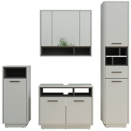 Vicco Badmöbel-Set Beatrice, Badezimmerschrank-Set, Grau/Anthrazit, 4 Teile