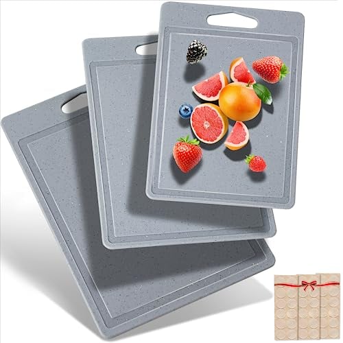 DIFULI Schneidebrett Set 3-teilig Granitoptik, 100% Rutschfeste Aufkleber und Saftkanal, BPA-Free, mit Griff Schneidebretter Kunststoff Antibakteriell, Spülmaschinenfestes, Küchenzubehör(Grau)